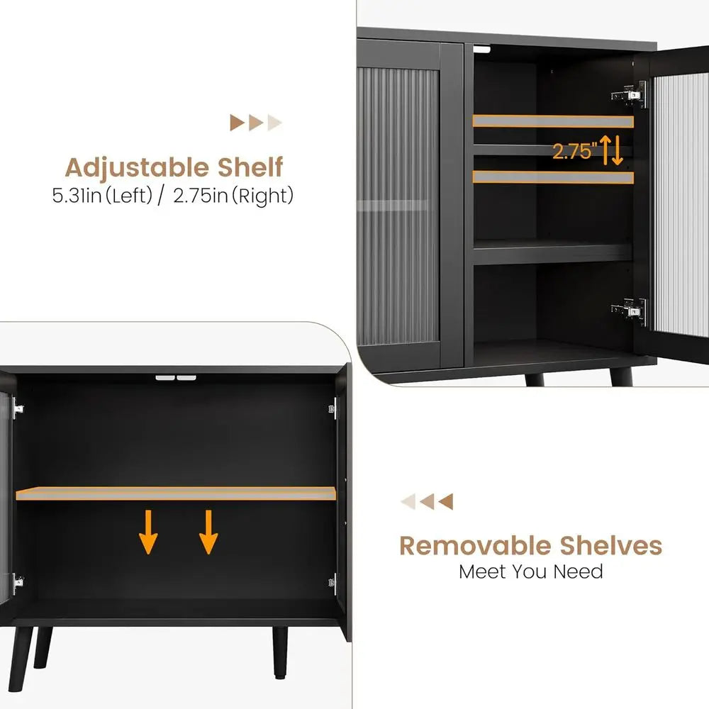 Black Kitchen & Dining Sideboard with Fluted Glass Doors and Storage Drawers