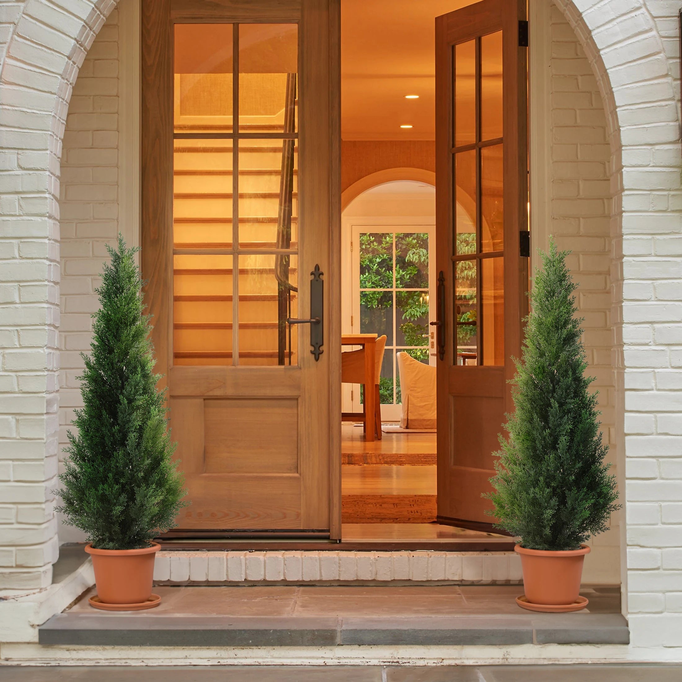 Artificial Topiary Cedar Trees 5FT Tall 2 Set, Outdoor Indoor Faux Pine Shrubs Plants, Realistic Fake Plants Front Porch Decor