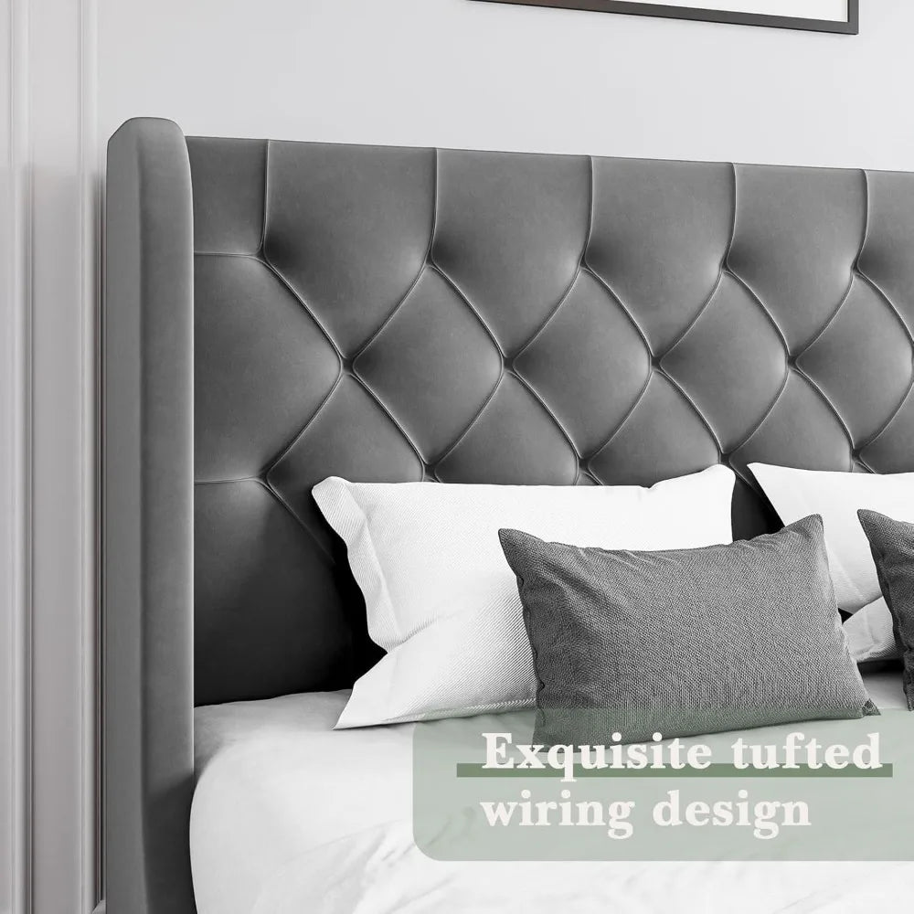 Velvet Upholstered Platform Bed Frame with Headboard – Curved Wingback Design