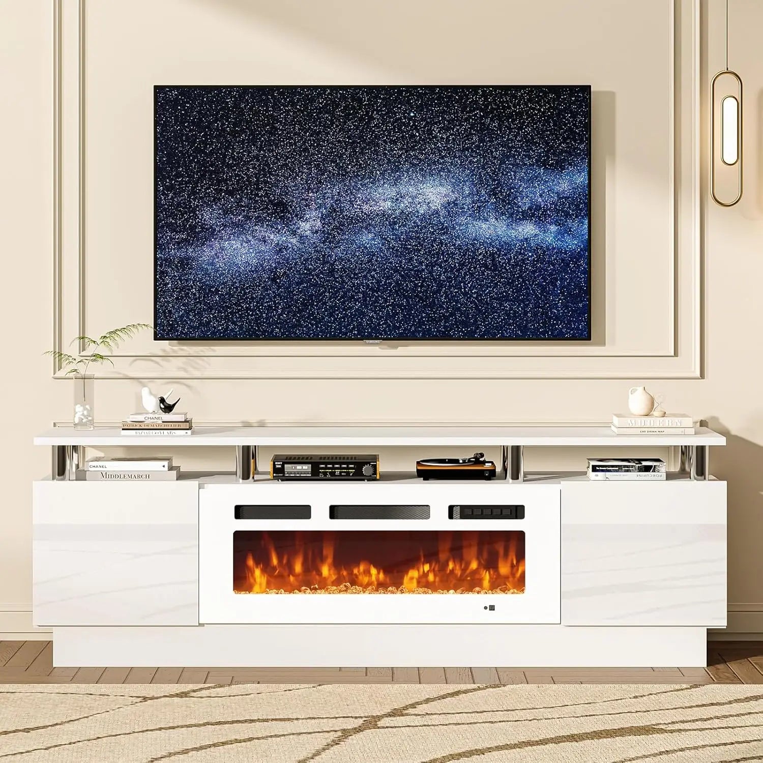 80" Modern Entertainment Center with 36 Inch Electric Fireplace Remote Control LED Light Fire Place - Wood TV Stand