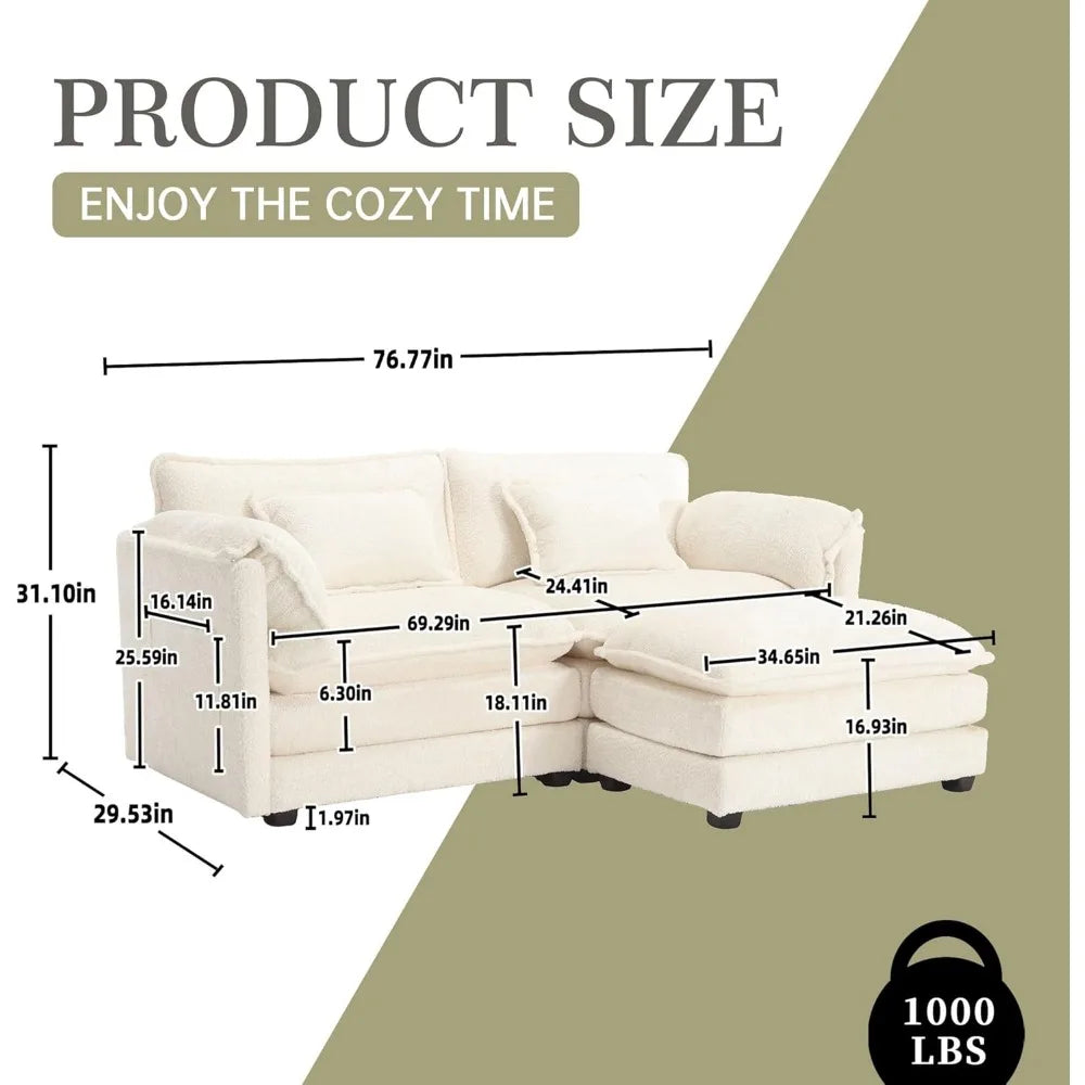 Sectional Modular Cloud Sofa Couch, 76.77" Chenille Comfy Upholstered L-Shape Sofa with Re-moveable Ottoman and 2 Pillows