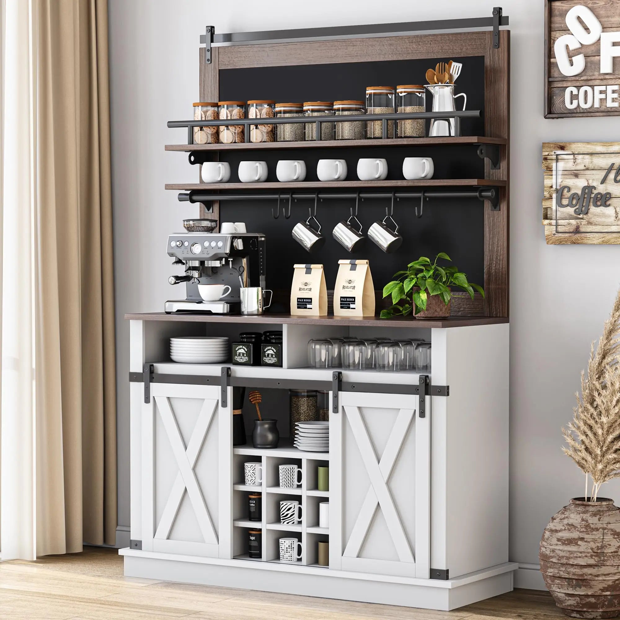75″ Tall Farmhouse Bar Cabinet – Coffee Hutch with Sliding Barn Door