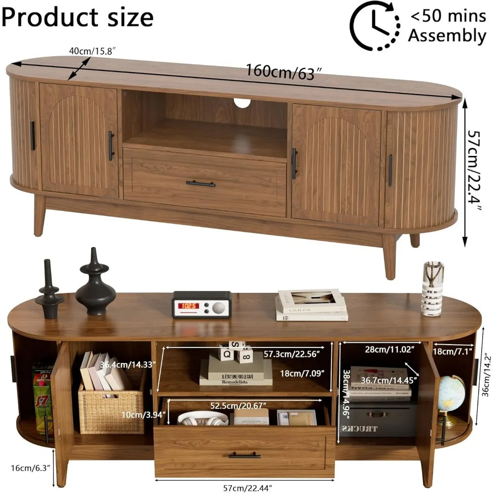 Mid-Century Modern 63 TV Stand for 70 TVs, Entertainment Center with Drawers and Fluted Doors, Curved Media Console