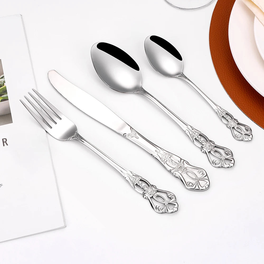 6/24/30 Pieces Sliver Cutlery Set Stainless Steel Tableware Western Luxury Dinner Set Mirror Elegant Knife Fork Spoon Flatware