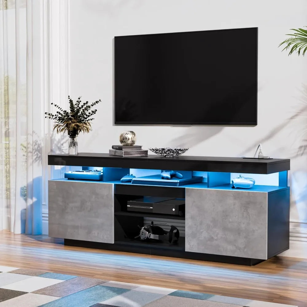 LED TV Stand for 75 Inch TV, Modern Tall Entertainment Center with Power Outlet, Gaming TV Consoles with Storage,