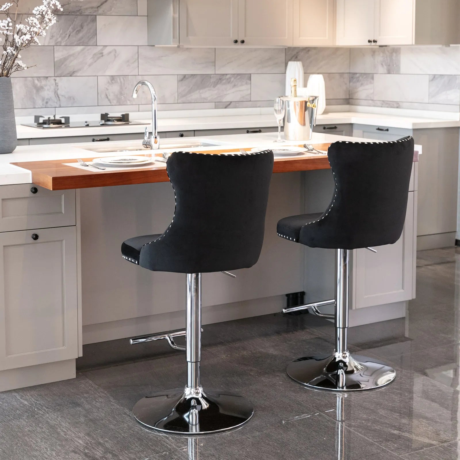 Swivel Velvet Bar Stools – Adjustable Counter-Height Chairs (Set of 2)