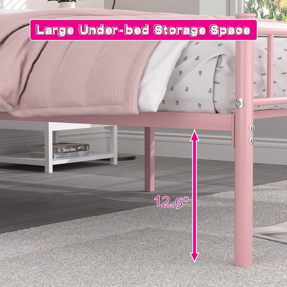 14″ Twin Metal Platform Bed Frame with Headboard – Heavy-Duty Support (Pink)