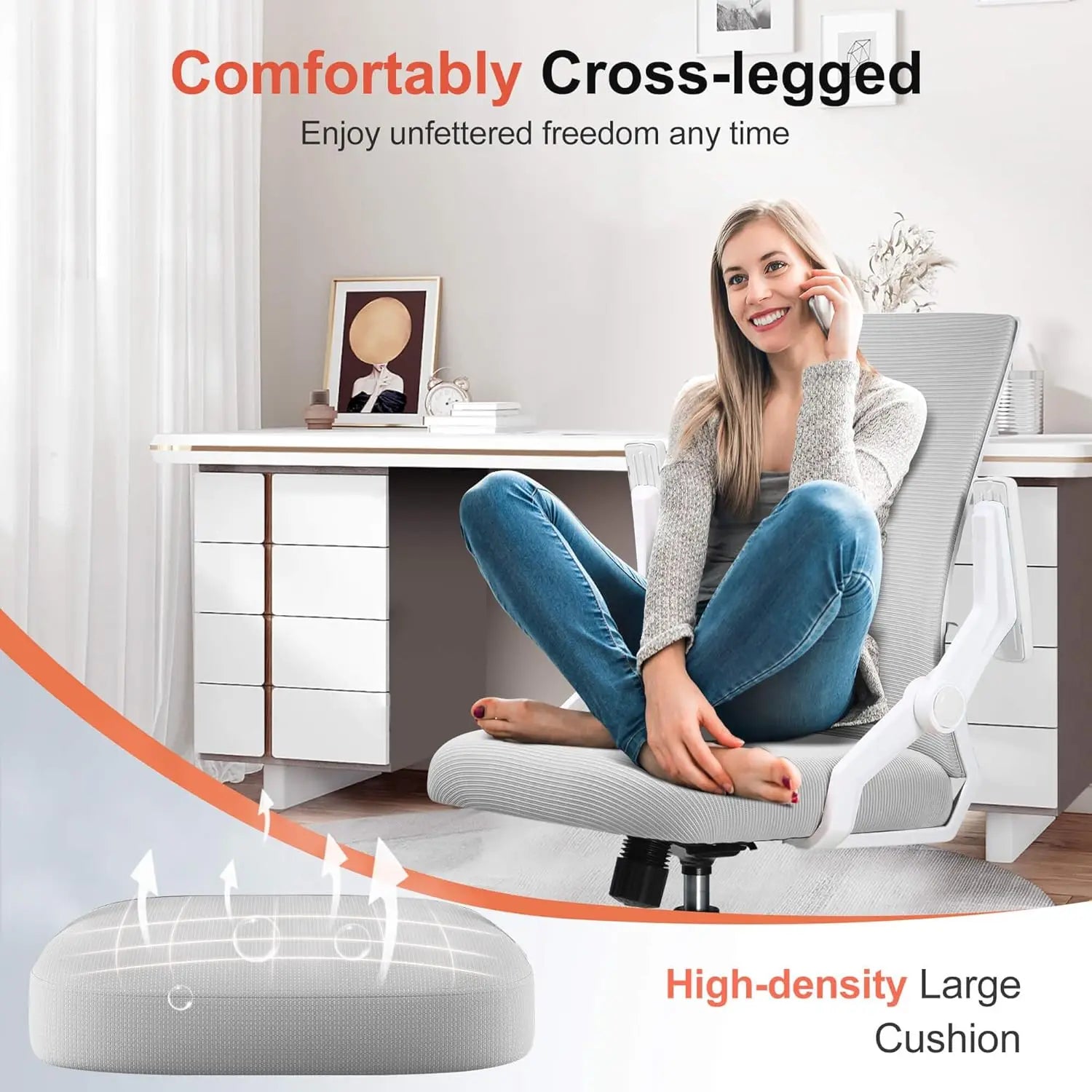 Ergonomic Office Chair with Flip-up Armrests, Breathable Mesh Back, Lumbar Support, Wide Gray Seat for Home and Gaming