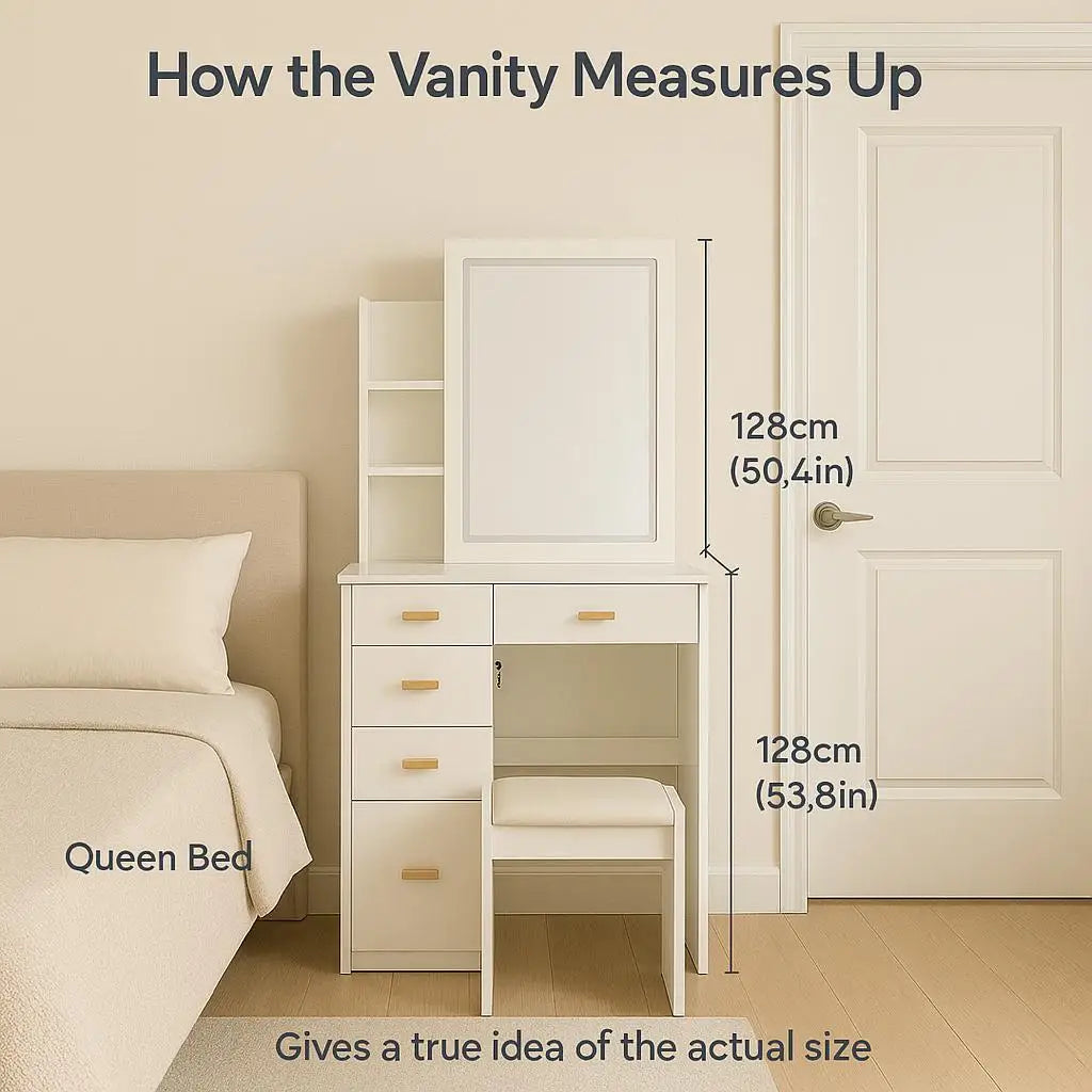 Large Vanity Table Set with LED Mirror, 5 Drawers & Shelves, Dresser Desk & Cushioned Stool, Easy Installation, Hidden Storage,