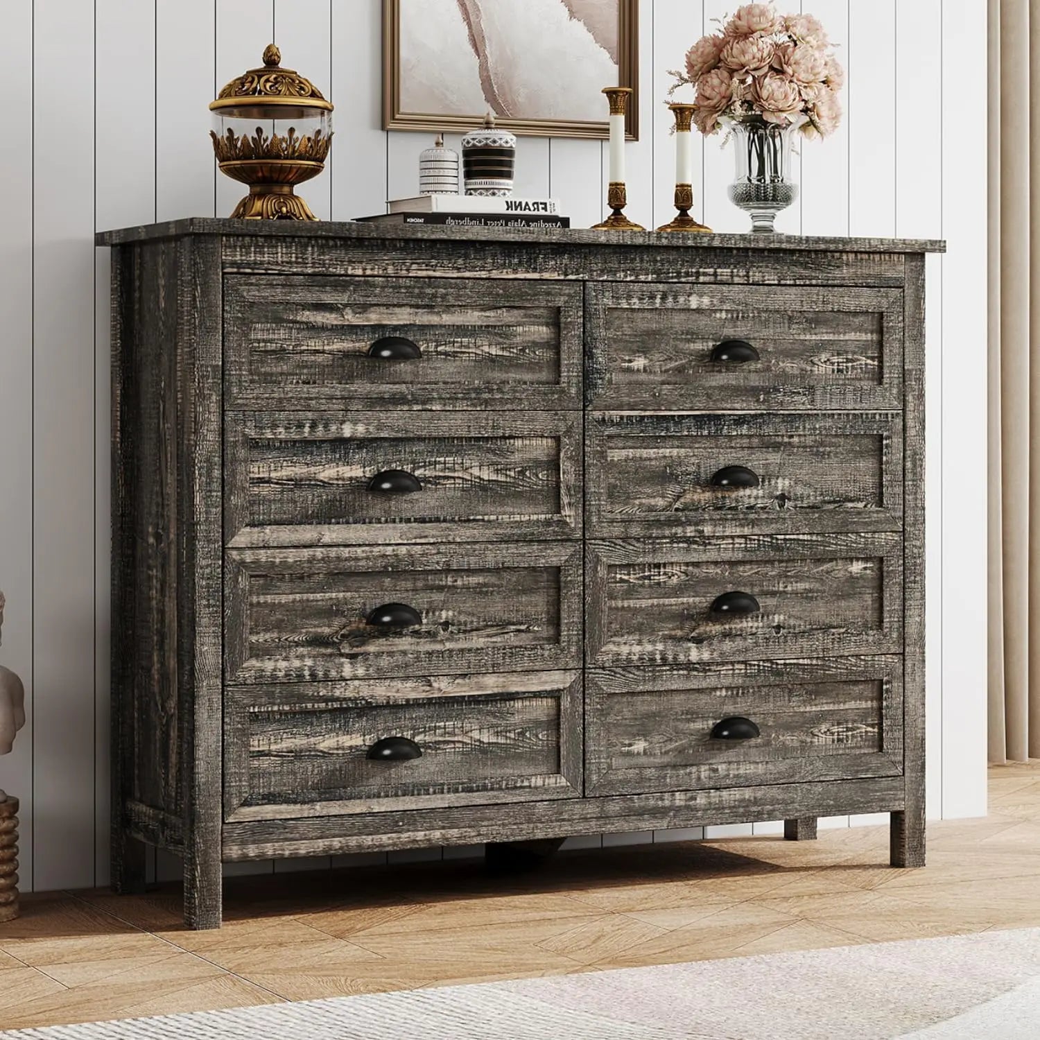 Farmhouse White Dresser for Bedroom, Wide Wood Dressers & Chests of Drawers with Vintage Black Handle, 7 Drawer Dresser