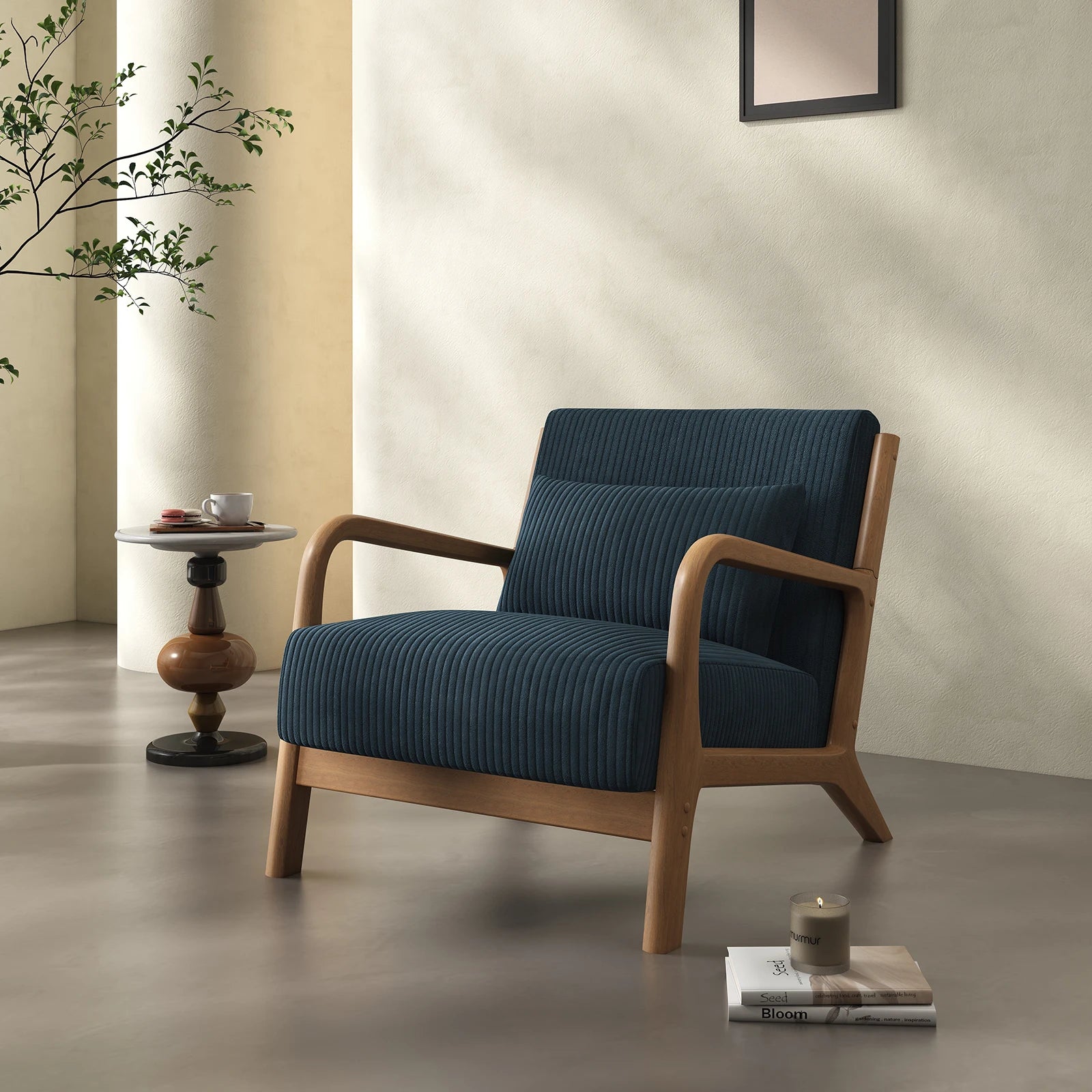 Mid-Century Modern Accent Chair – Fabric Reading Chair with Solid Wood Frame
