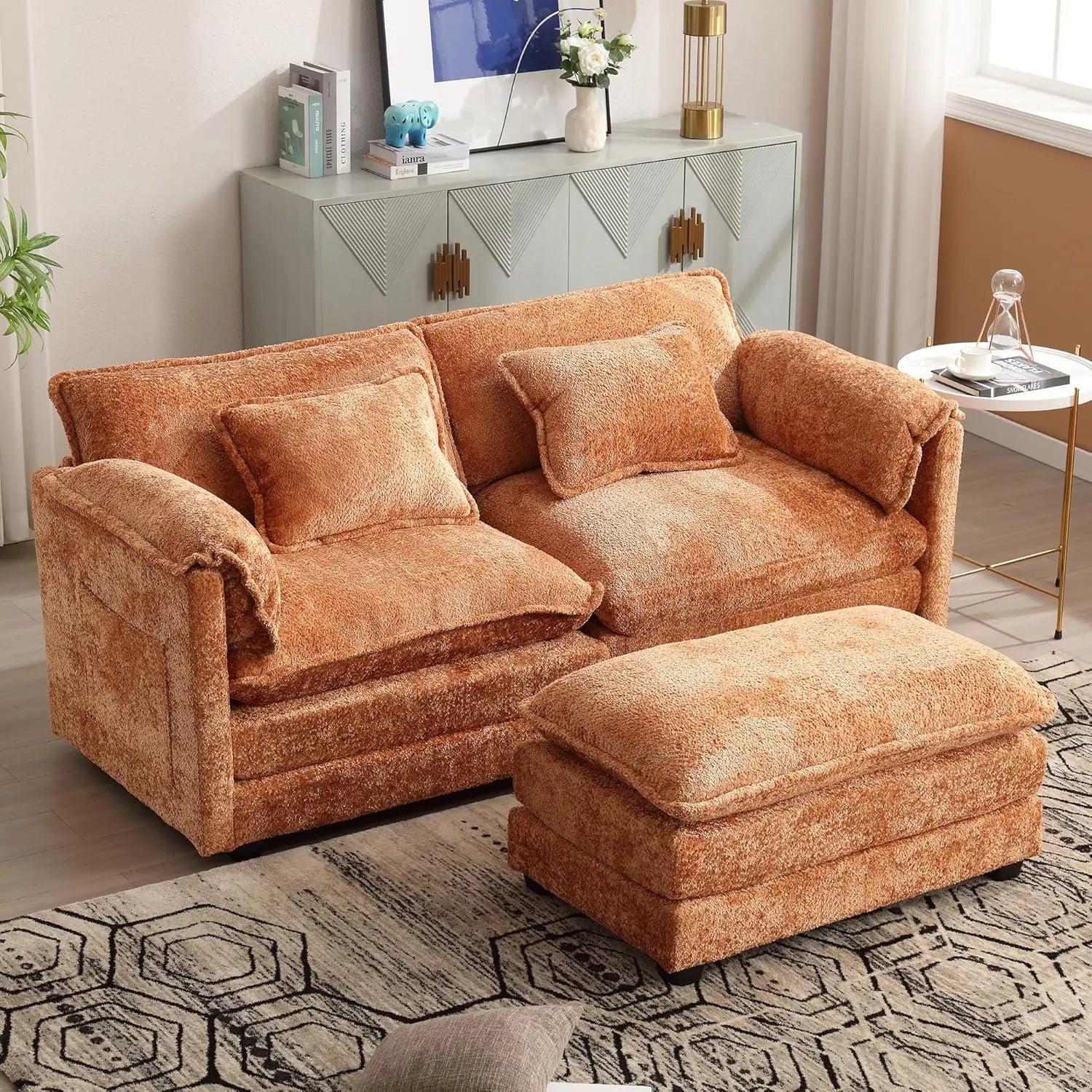 Sectional Modular Cloud Sofa Couch, 76.77" Chenille Comfy Upholstered L-Shape Sofa with Re-moveable Ottoman and 2 Pillows