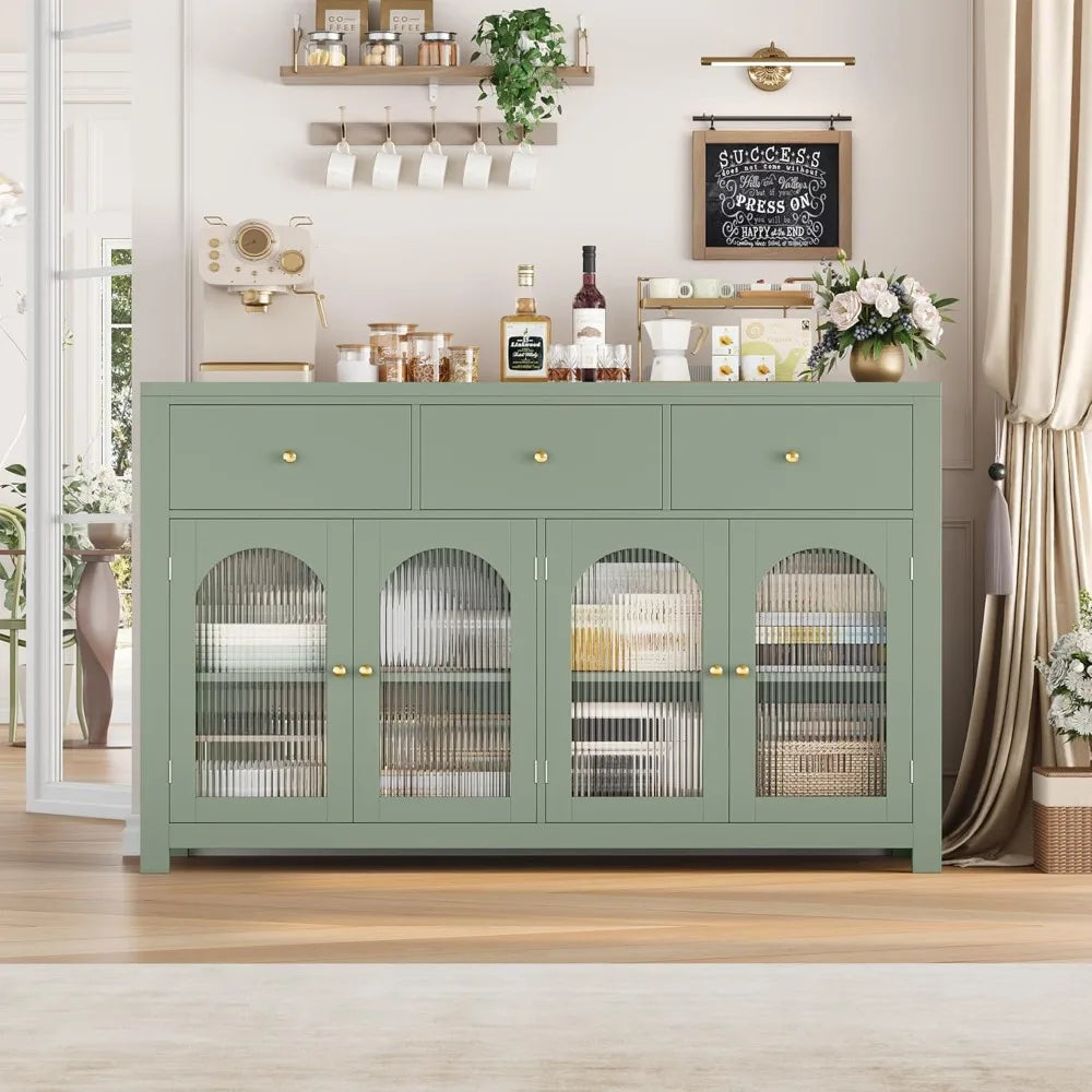 Buffet Cabinet with Storage, 55.1" Large Sideboard Buffet, Farmhouse Kitchen Cabinet with 3 Drawers and 4 Doors, Green