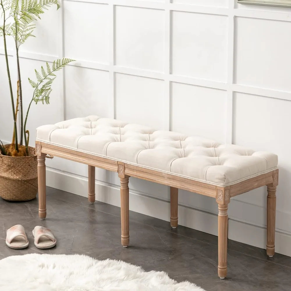 Vintage French Tufted Upholstered Bench – 47″ Linen Cushion