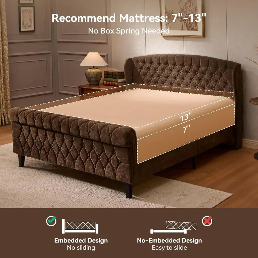 Queen Size Sleigh Bed Frame – Chenille Upholstered with Wingback Headboard & Button-Tufted Scroll Footboard