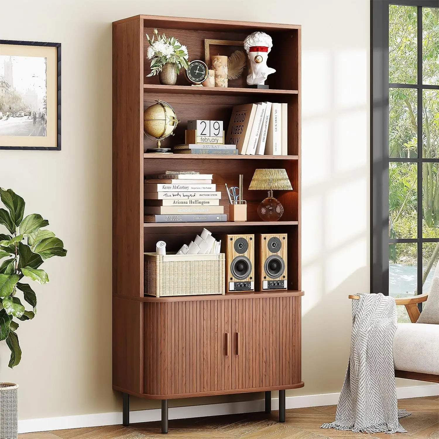 71″ Tall 4-Tier Bookshelf with Storage Cabinet & Sliding Door