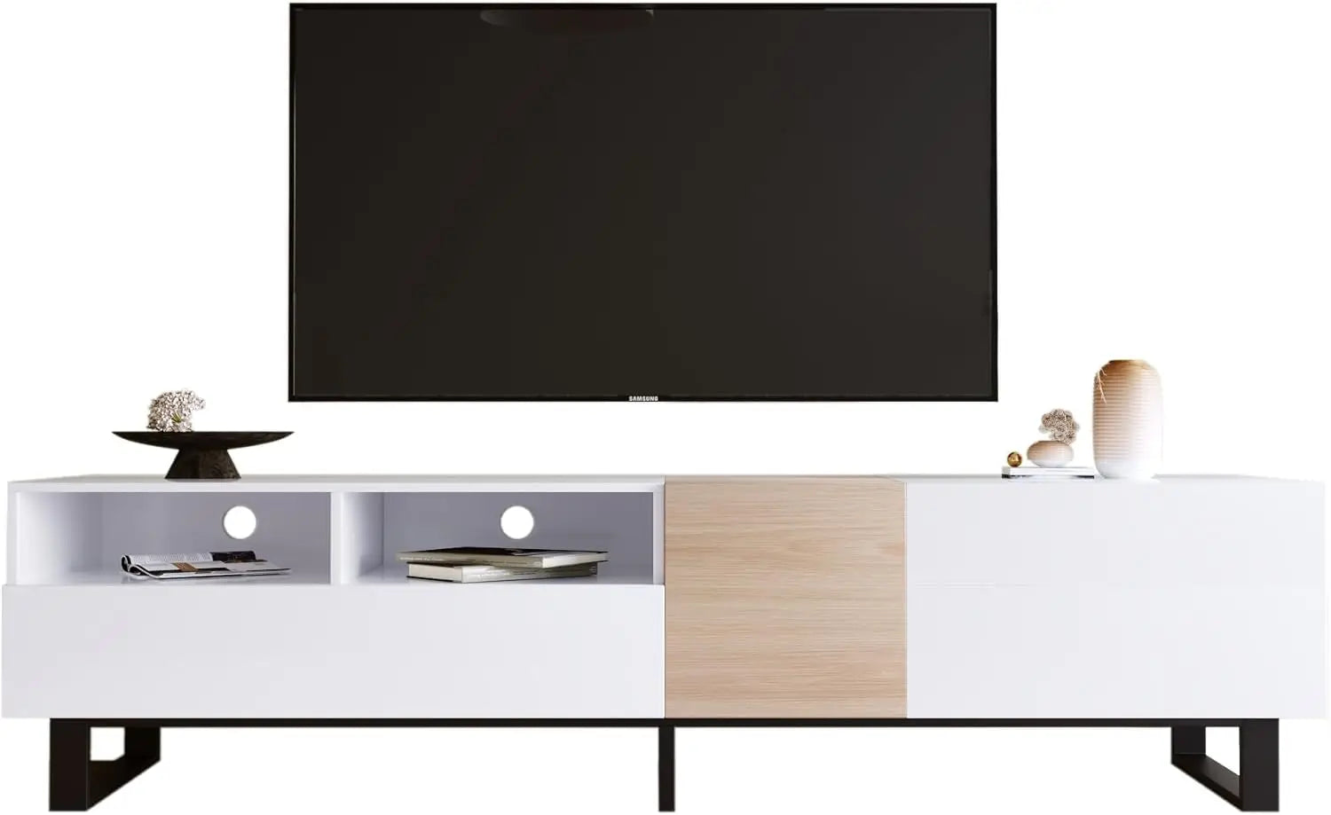 Modern TV Entertainment Center with 3 Cabinets & Open Shelves, Wood TV Stand for TVs Up to 80” for Living Room Bedroom (Wo