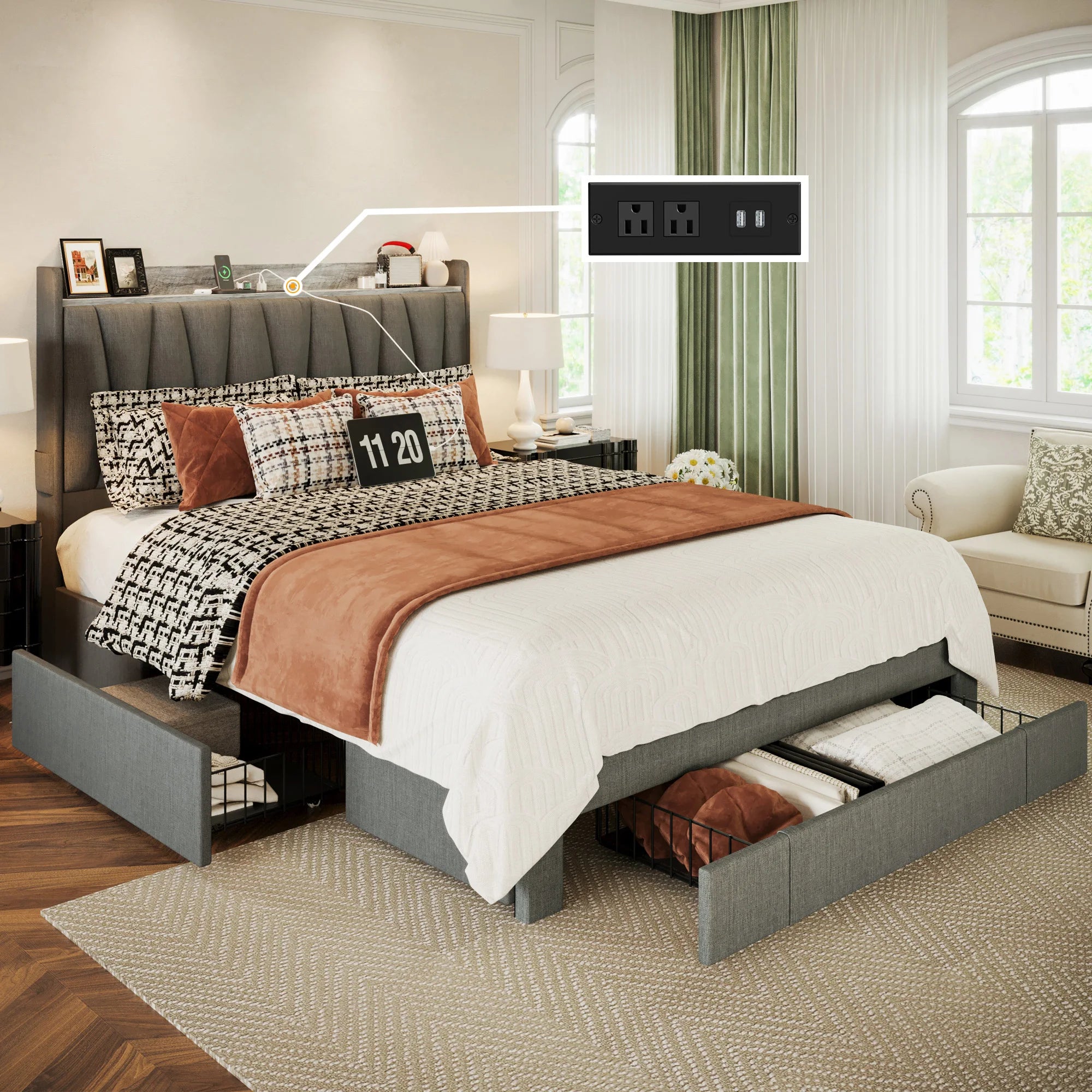 Upholstered Platform Bed Frame with 3 Storage Drawers – Storage Headboard & Charging Station