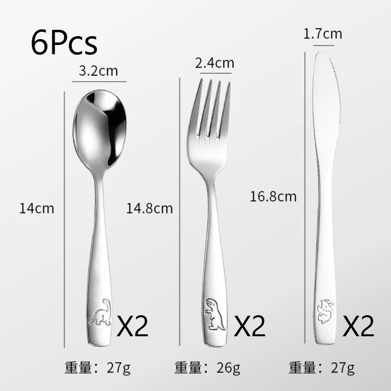 304 Stainless Steel Children's Tableware Set with Pieces Featuring Dinosaur Patterns, Affordable Including Knives Forks Spoons