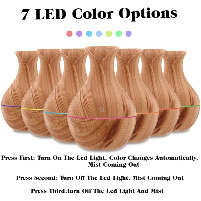 7-Color LED Humidifier Vase, 200ML Wood Grain Household Humidifier, Silent Aromatherapy Diffuser for Summer, Office & Indoor Use