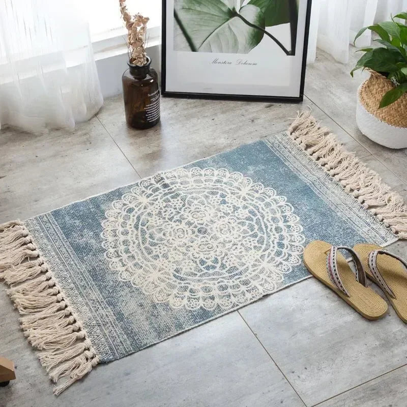 60*90CM Living Rooms Bedrooms Home Decor Retro Bohemian Hand Woven Cotton Linen Carpets Tassel Bedside Rug Geometric Floor Mat