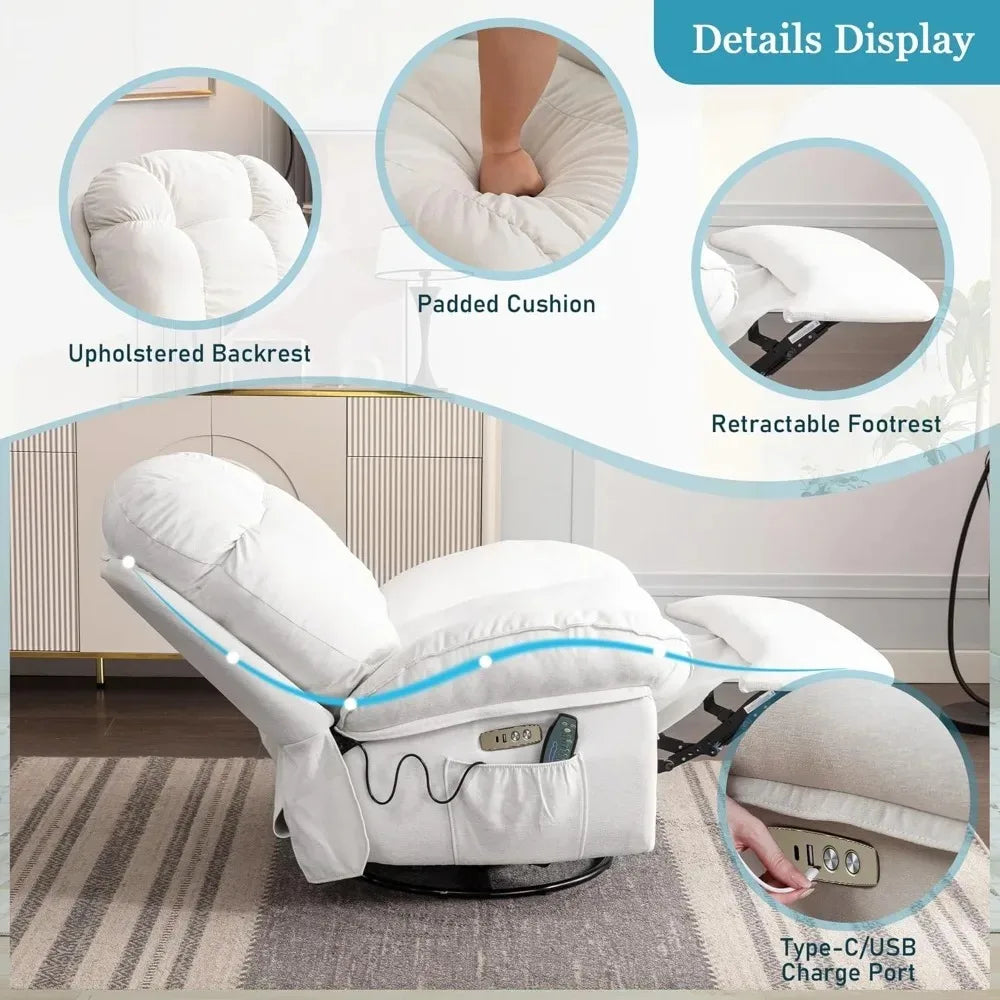 Recliner Chair, Wide Rocker Chair, Rocking Chair with Massage and Heat, 270°Swivel Nursery Rocking Chairs, Oversized Recliner fo