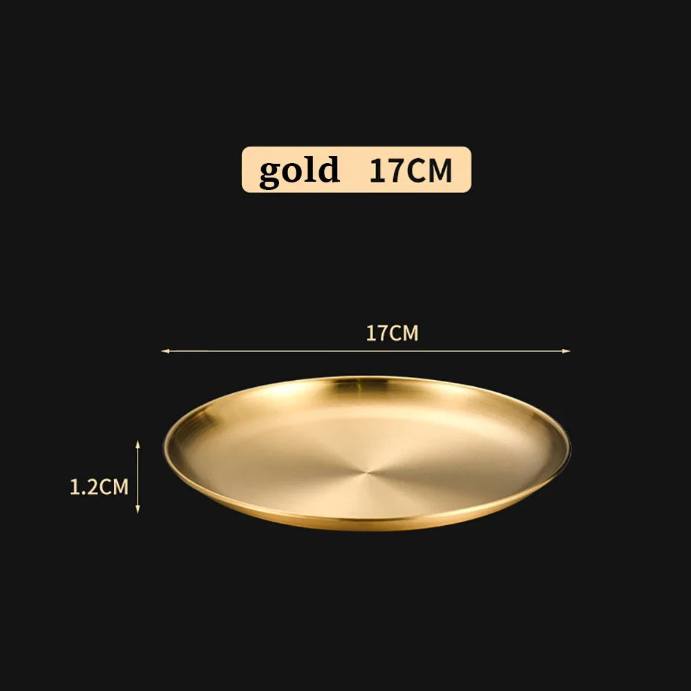 Gold Stainless Steel Round Plate – Rust-Proof Shallow Tray for Dining & Outdoor Use