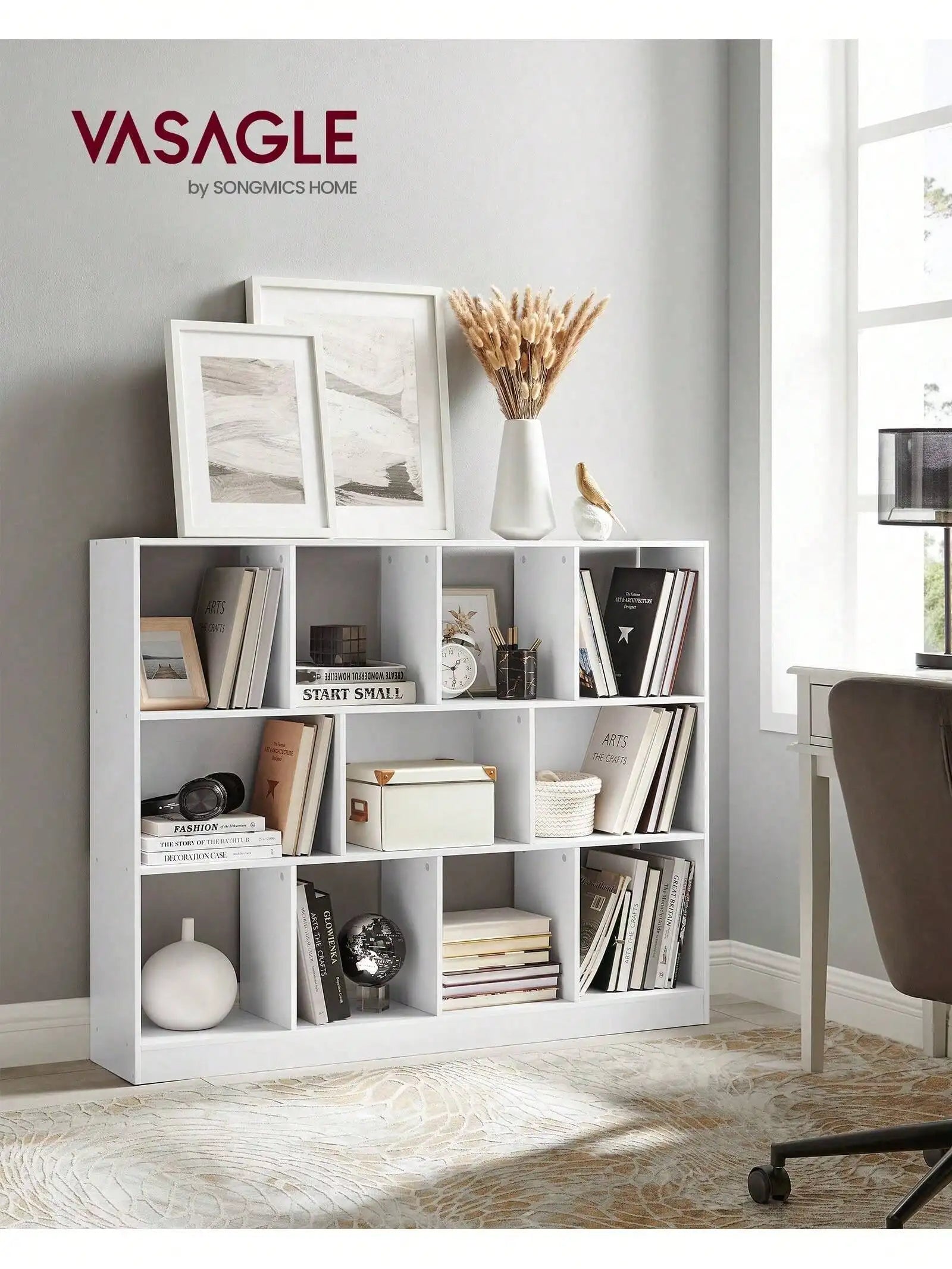 White Bookshelf with 11 Storage Compartments – Multi-Purpose Storage Shelf