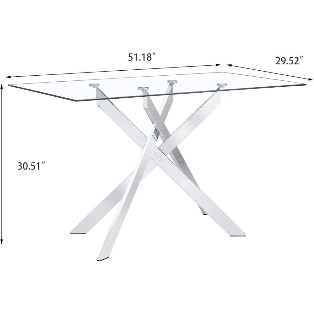 Glass Dining Table for 4 People, 51.2 Inches Rectangular Glass Kitchen Table with Steel Legs, Modern Dining Room Table fo