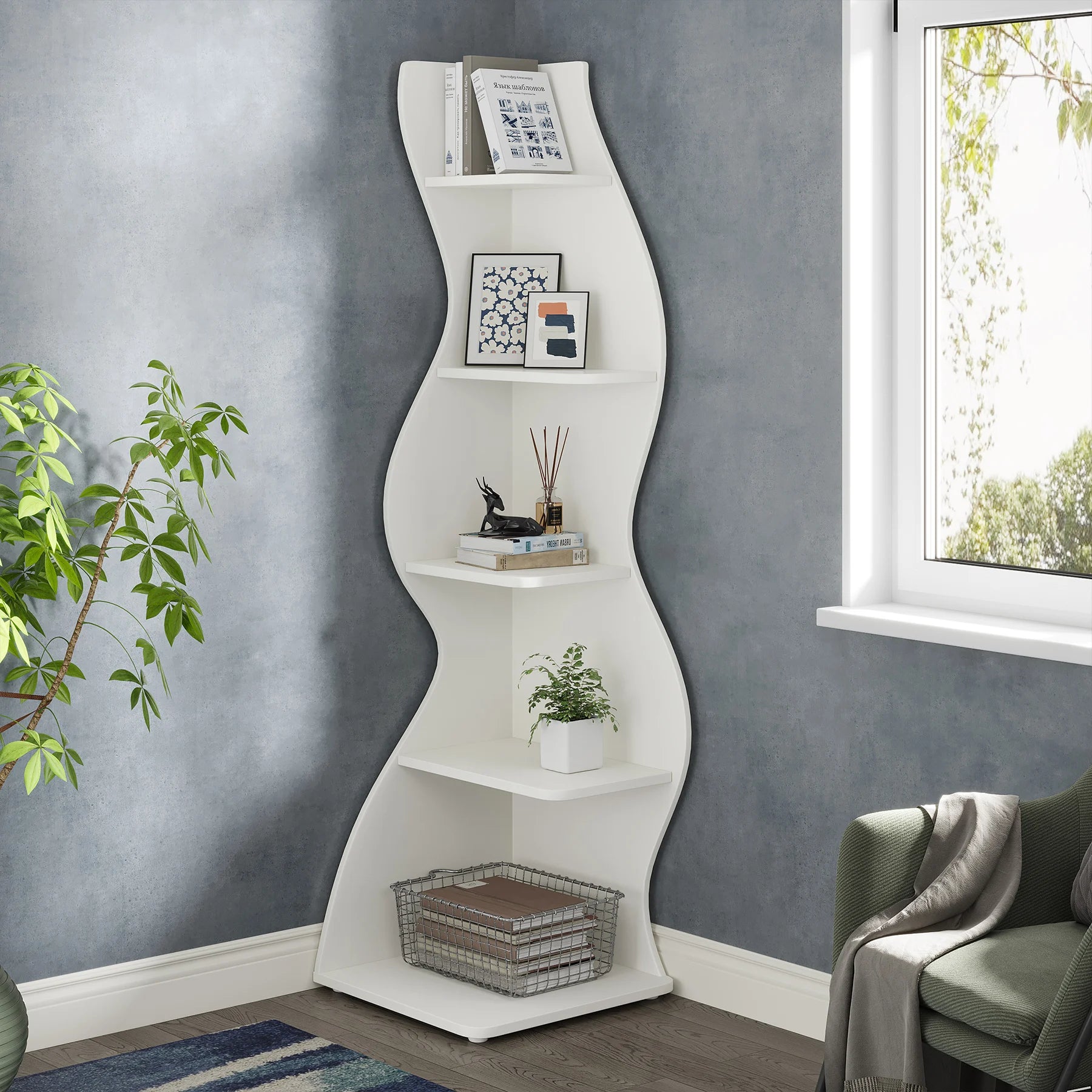 Tribesigns Modern 5-Tier Corner Bookshelf – Wall Corner Storage Rack & Plant Stand