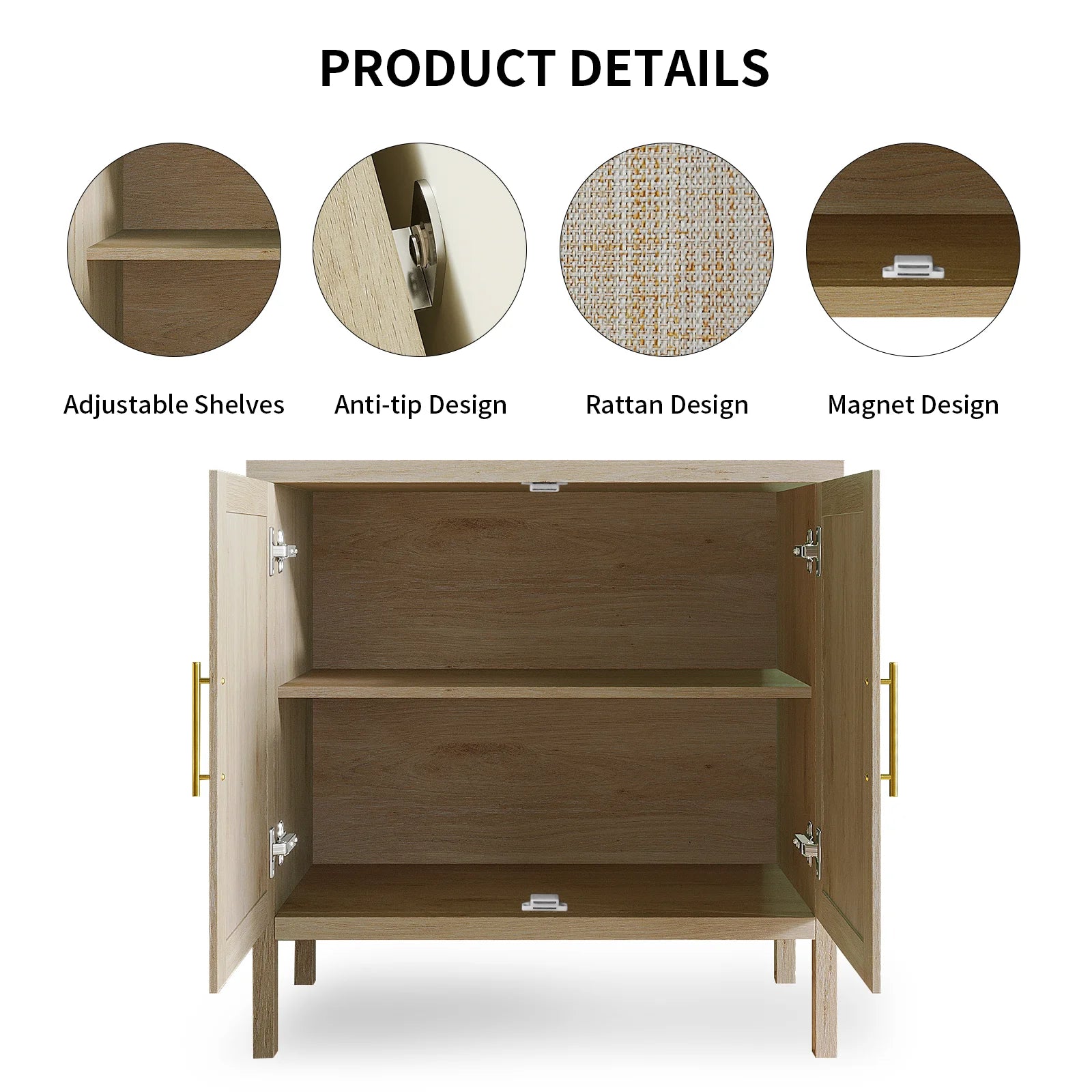 Rattan Storage Cabinet, Buffet Cabinet Sideboard with Rattan Decorated Doors, Cupboard for Hallway, Entry, Living Room