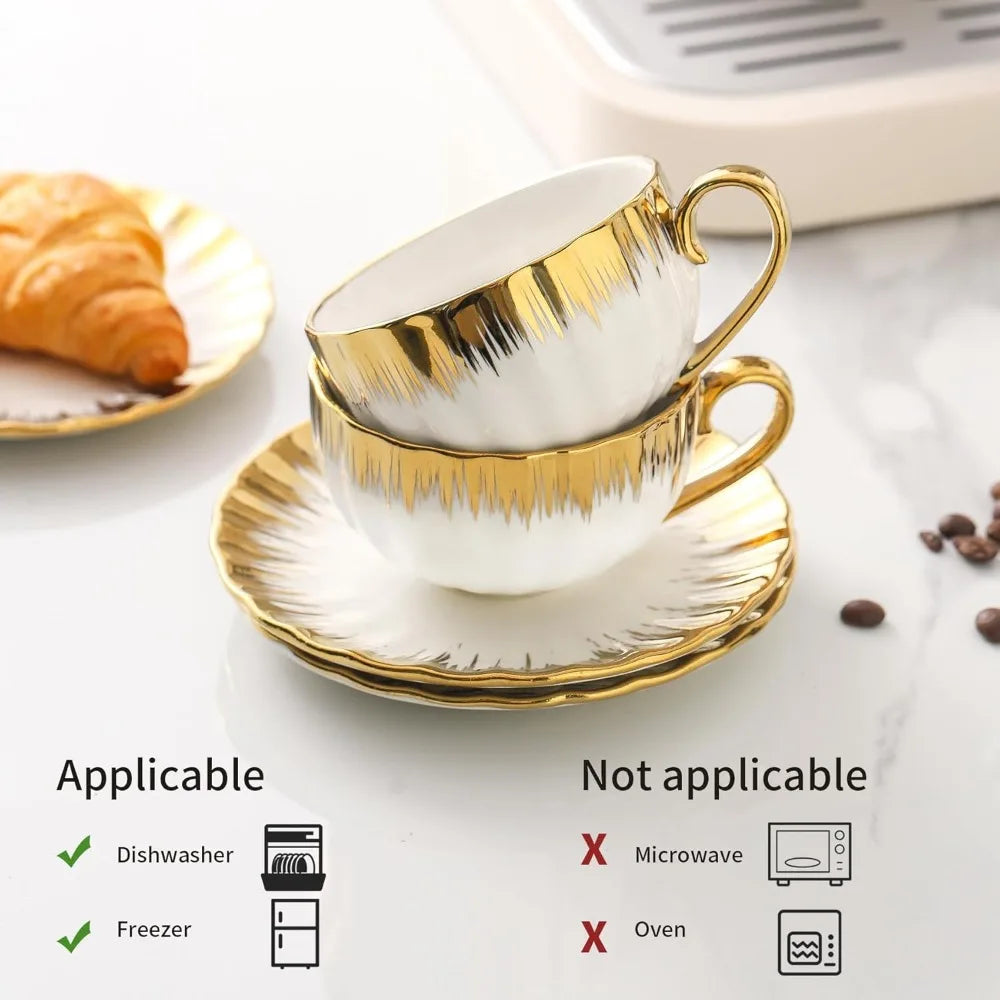 Elegant Porcelain Coffee Cups with Saucers, Set of 6, Gold Trim for Latte and Tea