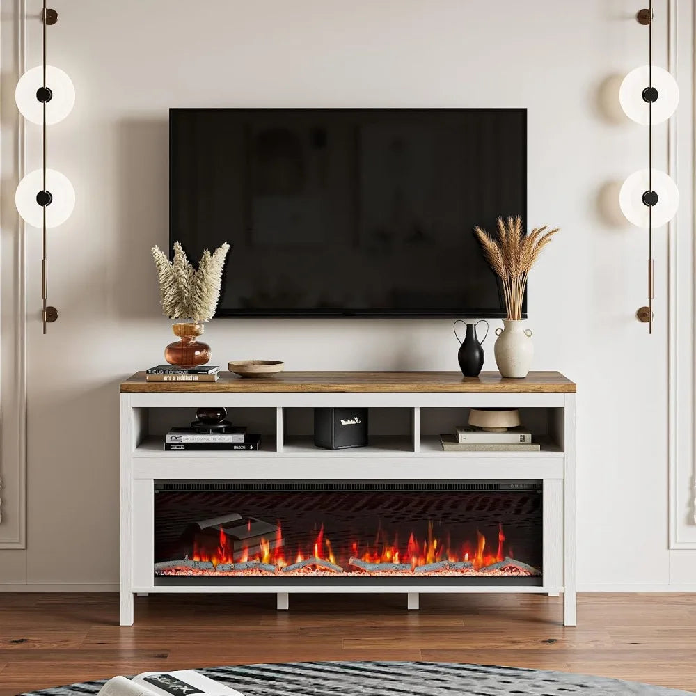 Fireplace TV Stand for TVs Up to 60 Inch,Modern Entertainment Center with 50" Electric Fireplace,White TV Console with Open