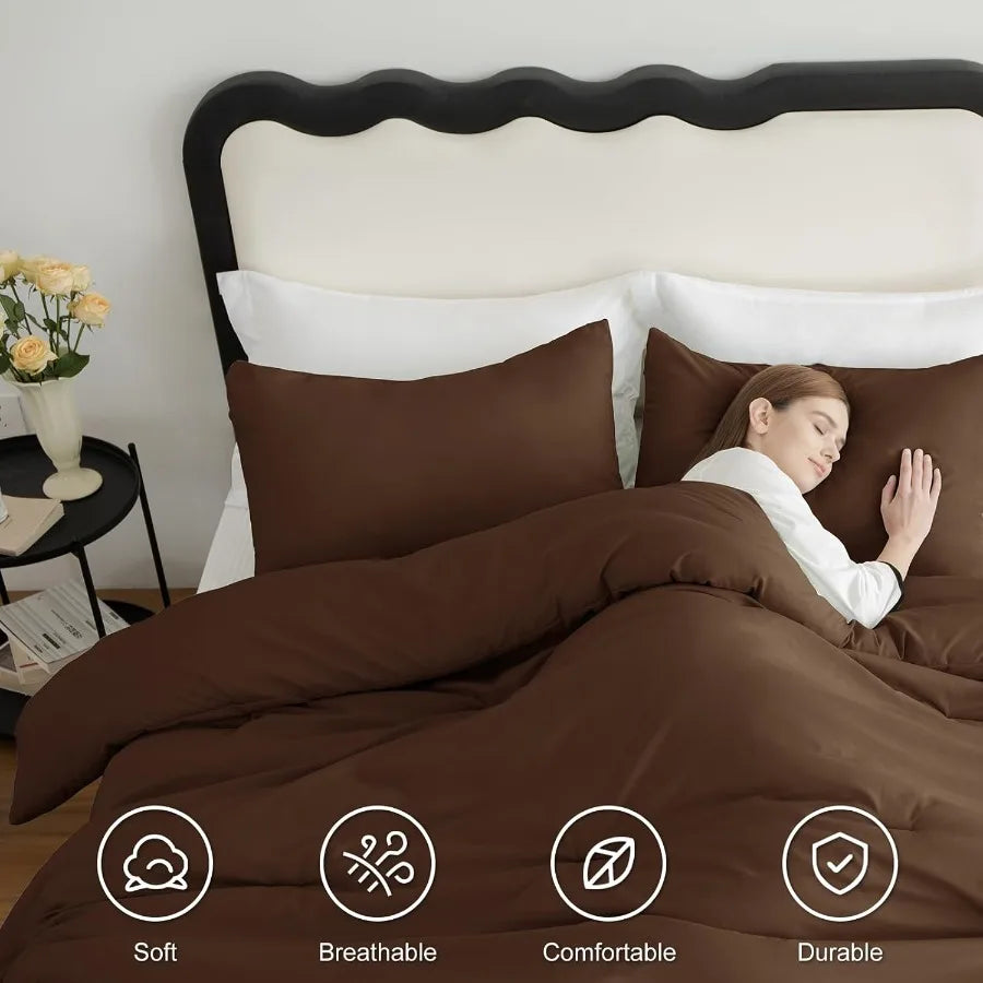 King Size Comforter Set Brown 3 Pieces Solid Comforters King Size Breathable Quilted Style Bedding Set Luxury Soft Bed Set with