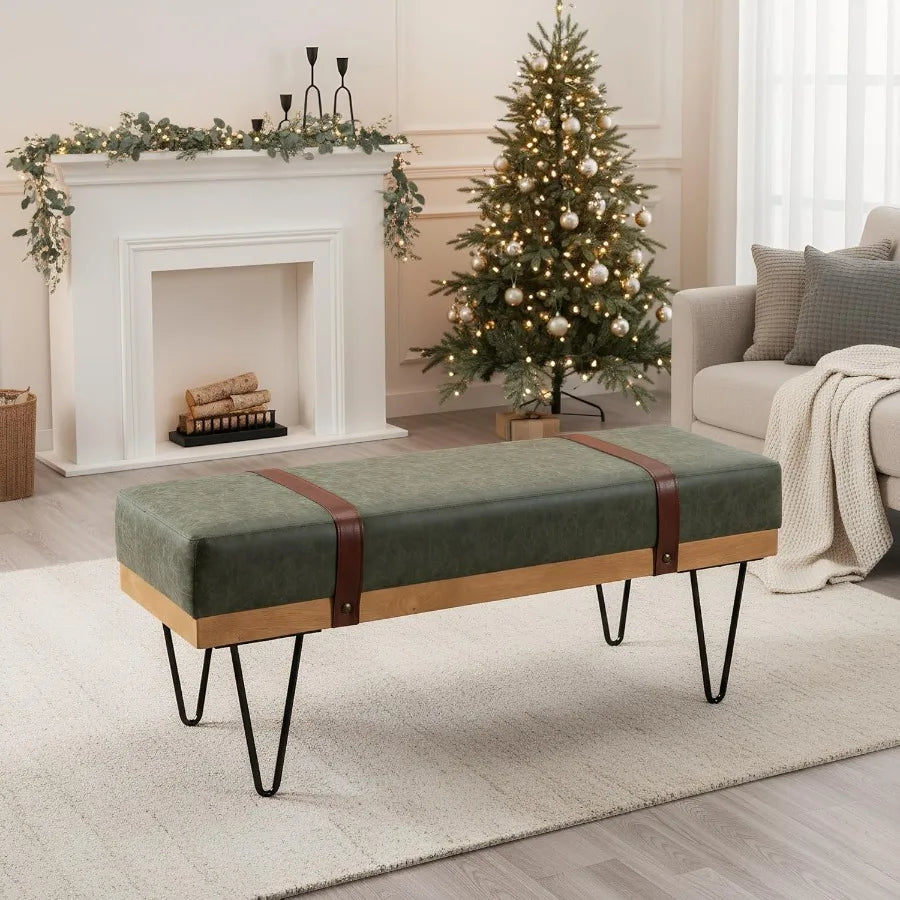 Green PU Leather Storage Ottoman Bench – 44″ with Industrial Hairpin Legs