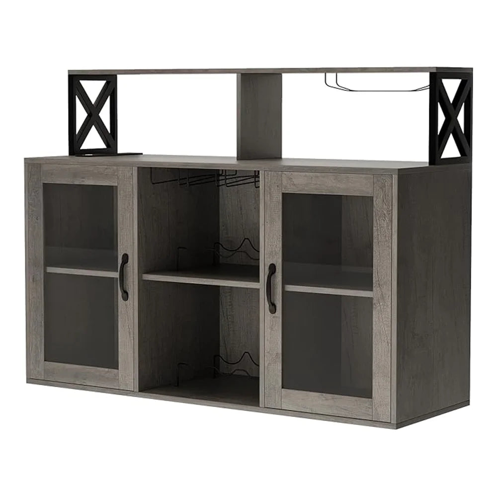 Wine Bar Cabinet with LED Light – Tempered Glass Doors & Power Outlet