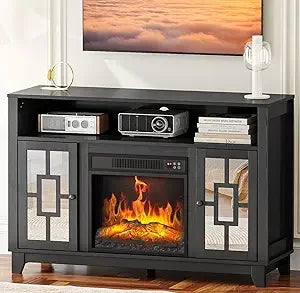 Fireplace TV Stand with Sliding Mirrored Door for TVs up to 70", Entertainment Center with Storage Cabinet and Shelves, Media C