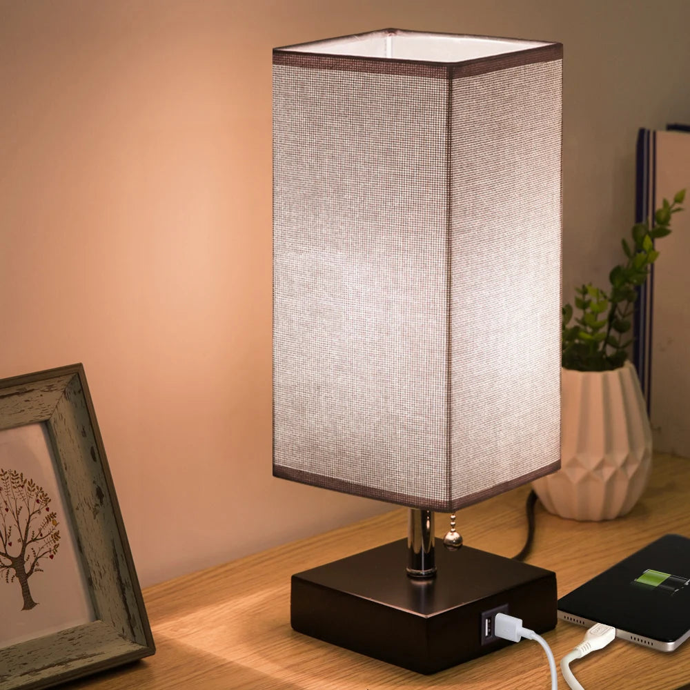Pull Chain Table Lamp Grey Bedroom Lamps with 3 Color Temperatures,Rechargeable Lamp with Dual USB Ports for Table,Living Room