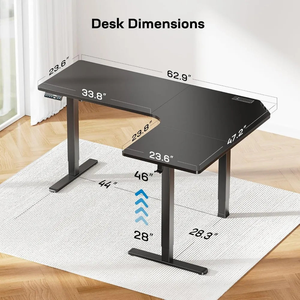 63″ Dual Motor L-Shaped Standing Desk, Built-in Power Outlets, Electric Height Adjustable Corner Computer Desk, Large Pow
