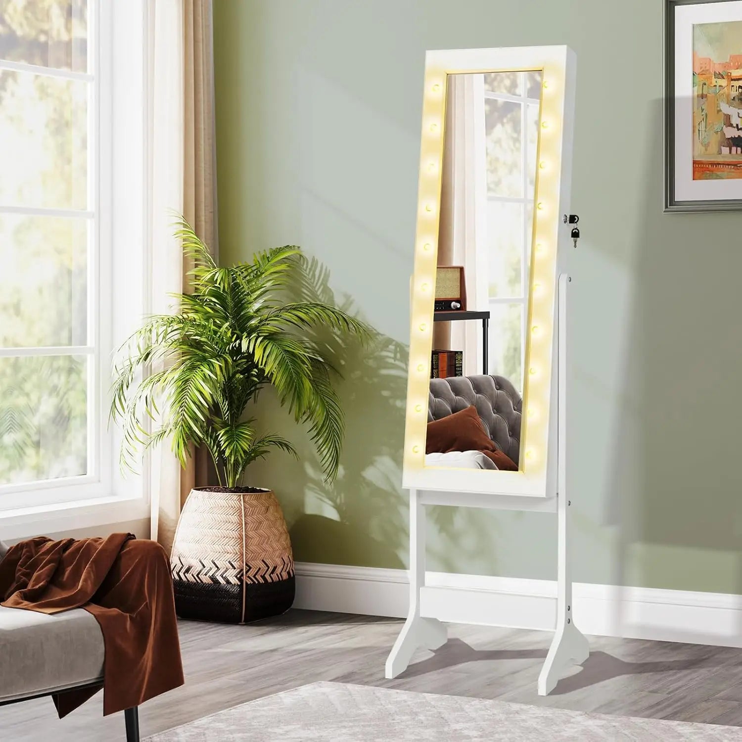 Standing Jewelry Armoire with Lighted Full Length Mirror, Lockable Jewelry Cabinet Organizer with 20 LED Lights