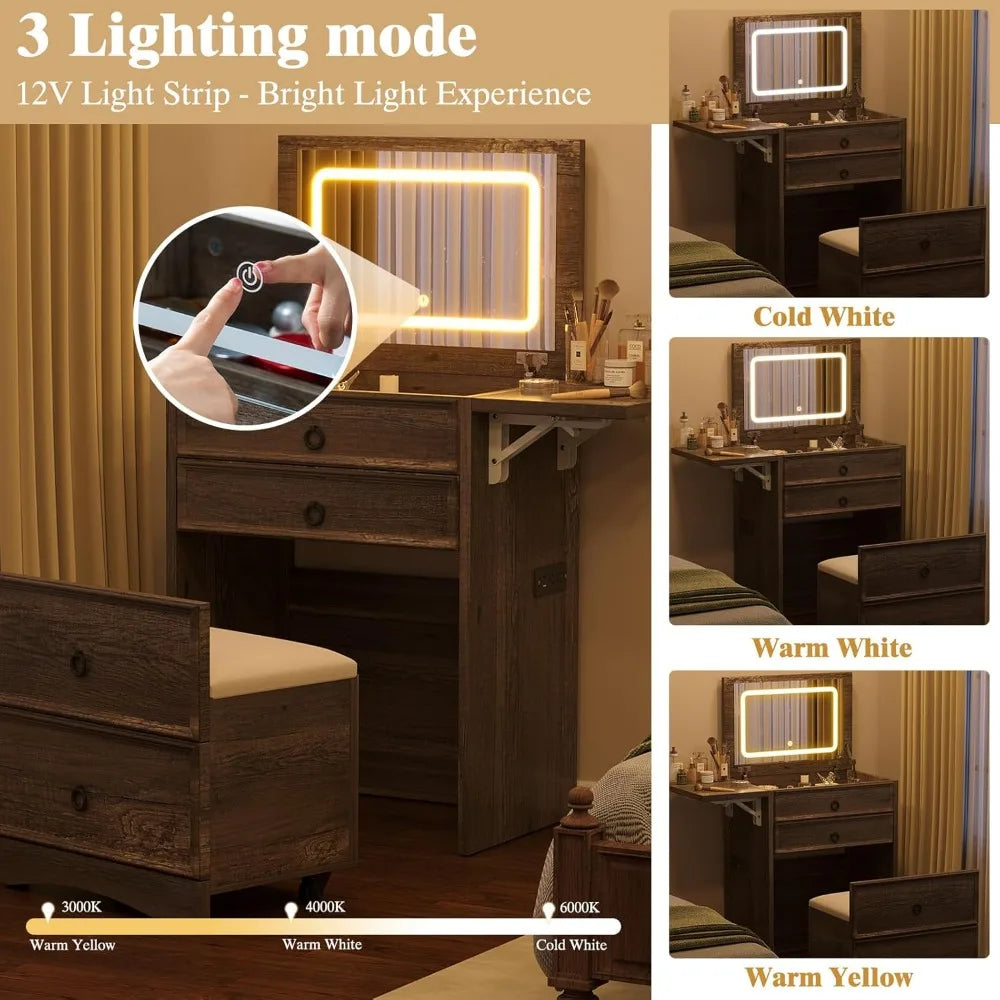 3-in-1 Vanity Set with LED Lighted Flip Top Mirror, Makeup Table with Fold-Up Panel, Hidden Stool, Charging Station, Small Vanit