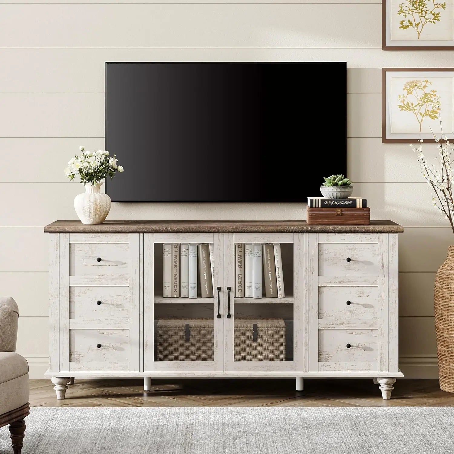 Farmhouse TV Stand for TVs Up to 65 inch, Wood TV Console Table with Storage Cabinets & Glass Door,