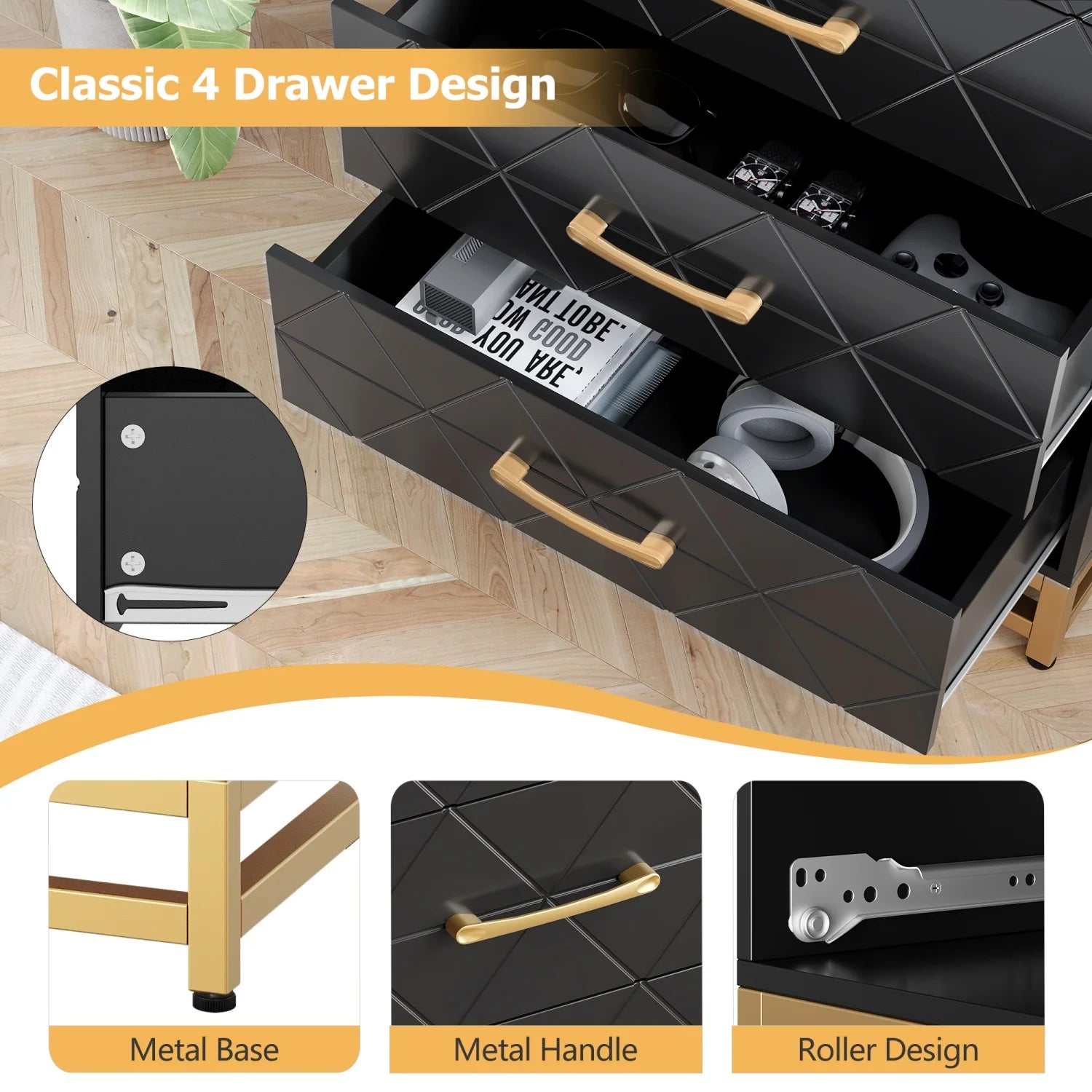 Wooden Dresser for Bedroom, Dressers & Chest of Drawers with 4 Drawer, Wood nightstand for Storage and Organization