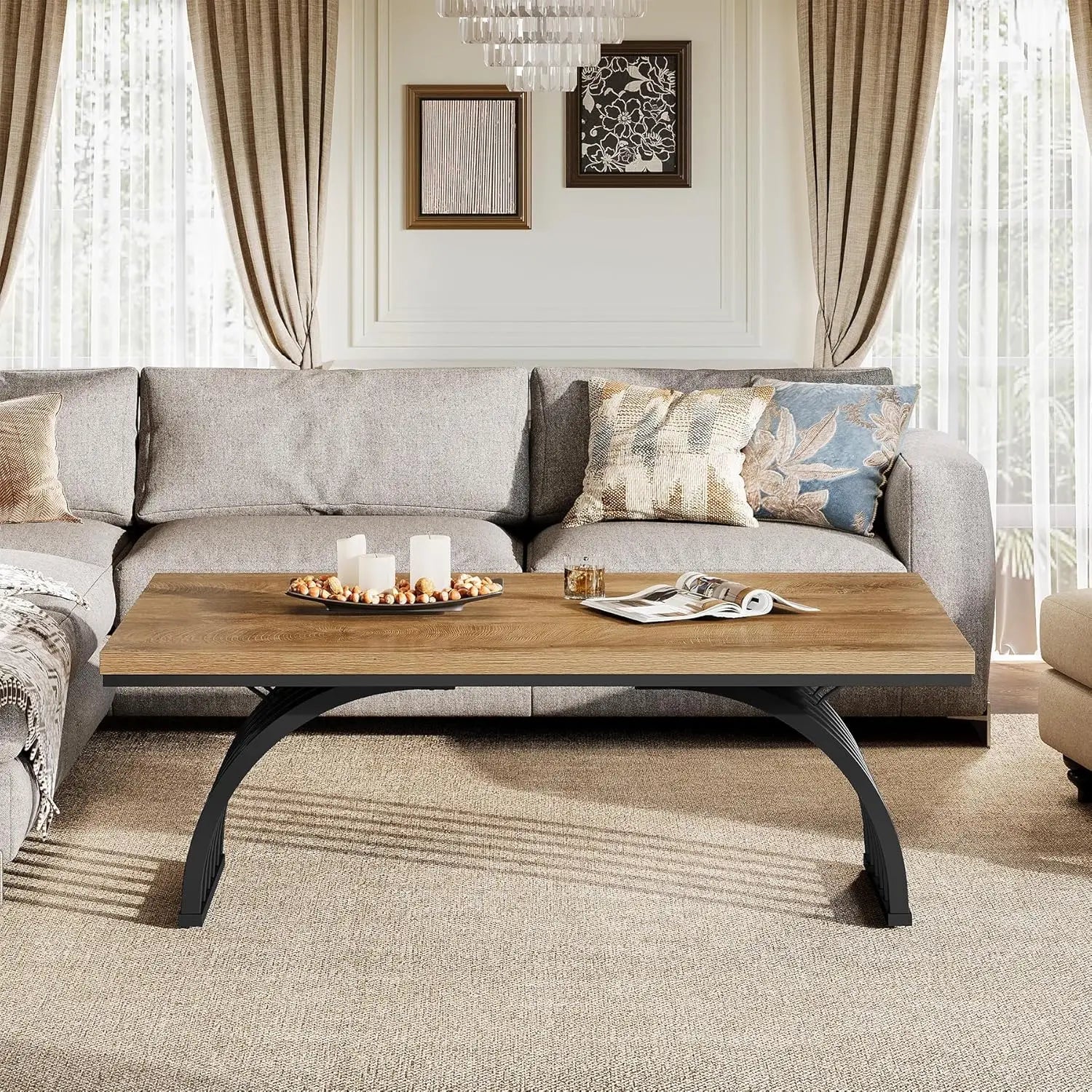 47” Rustic Wood Coffee Table – Rectangular Center Tea Table with Metal Frame Legs