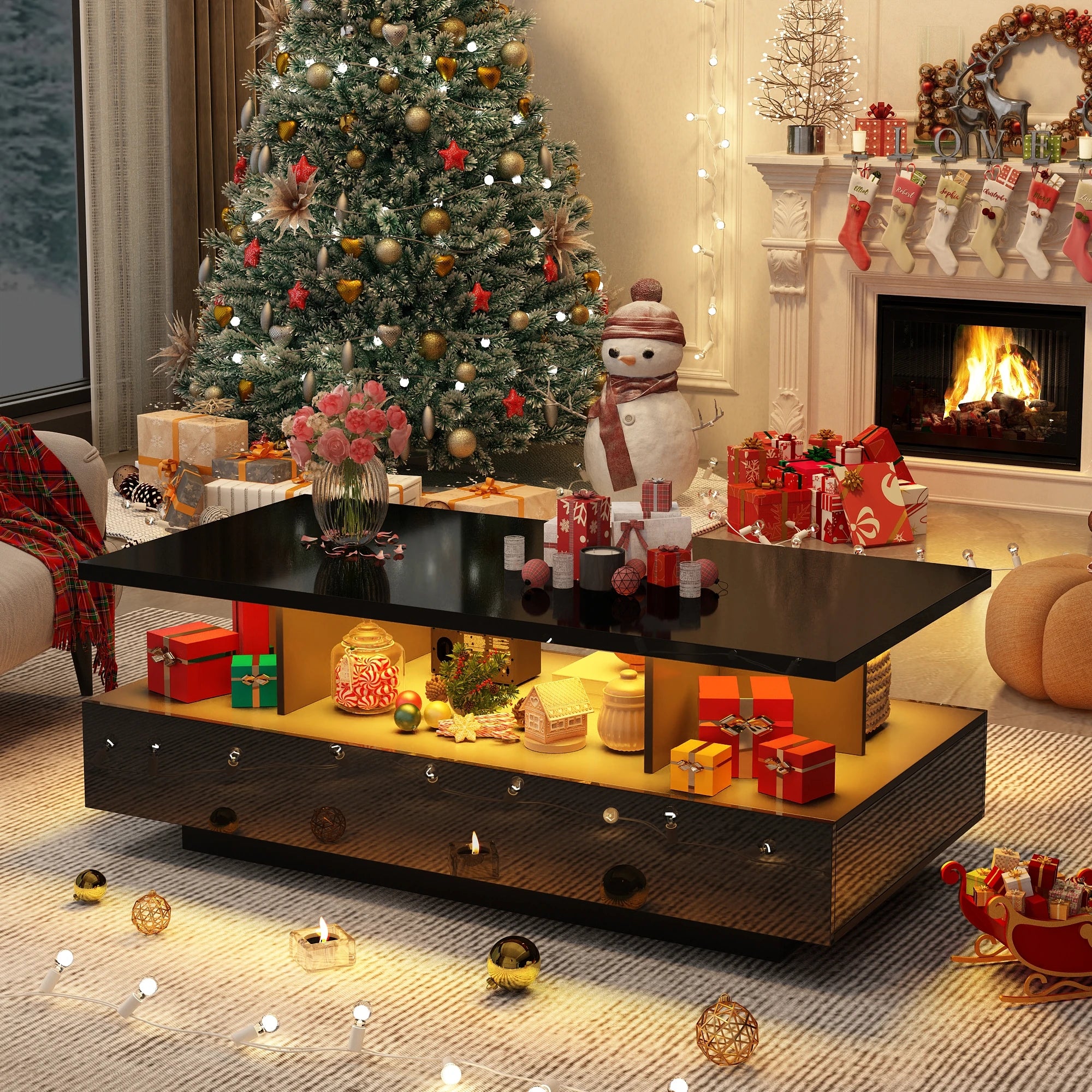 43” LED Coffee Table – Modern High-Gloss Rectangular Center Table with 2 Drawers & Display Shelf