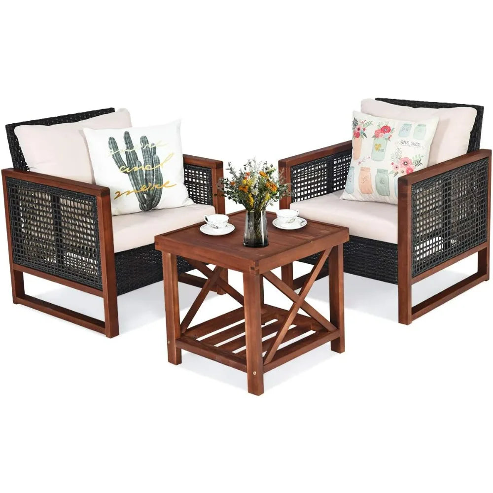 3 Pieces Patio Wicker Furniture Set, Rattan Outdoor Sofa Set w/Washable Cushion & Acacia Wood Coffee Table, Conversation Bistro