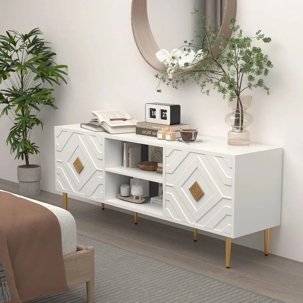 63'' White TV Stand for 65/70/75 inch TV, Entertainment Center with Storage Cabinets and Embossed Pattern Doors, Mid Century Mod