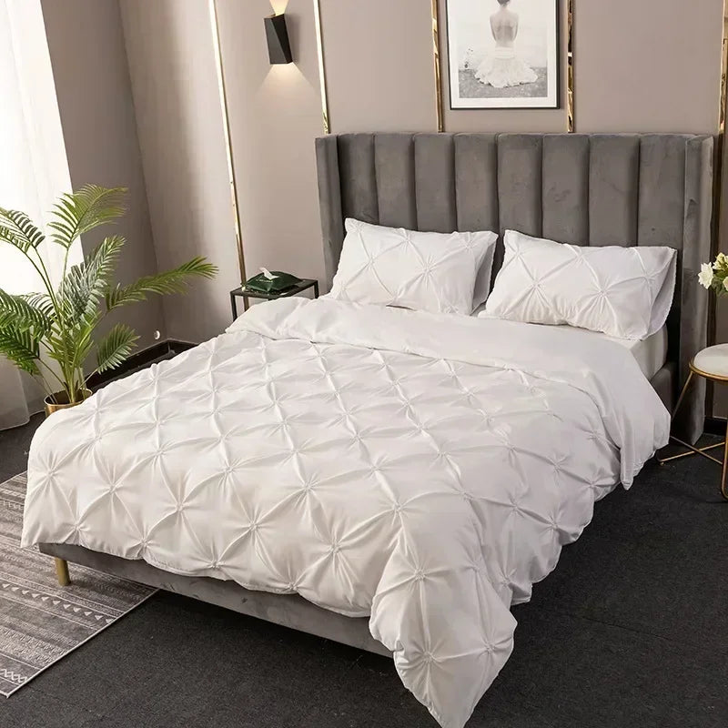 3D Buttoned Pleated Quilt Cover Set 100% Polyester Fabric Soft Skin-friendly Duvet Cover and Pillowcases Solid Color Bedding Set