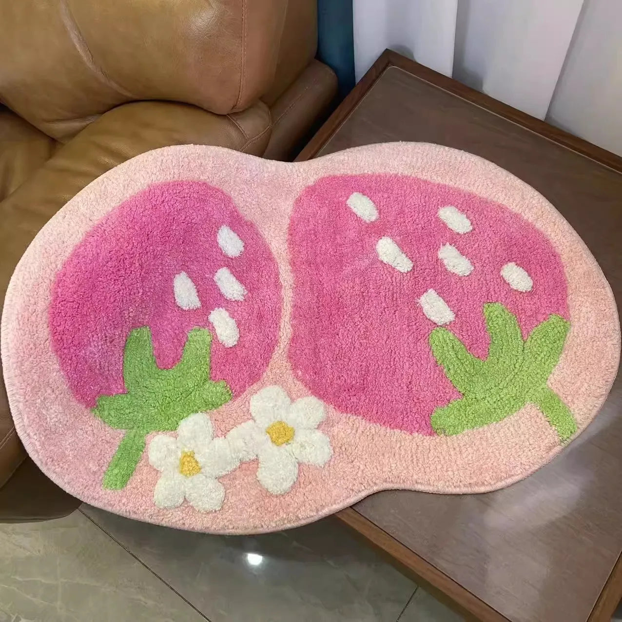 Cute Strawberry Flocking Bath Mat Pink Sweet Girls Home Decor Carpet Bedroom Bedside Rug Non-slip Hallway Entrance Door Mats