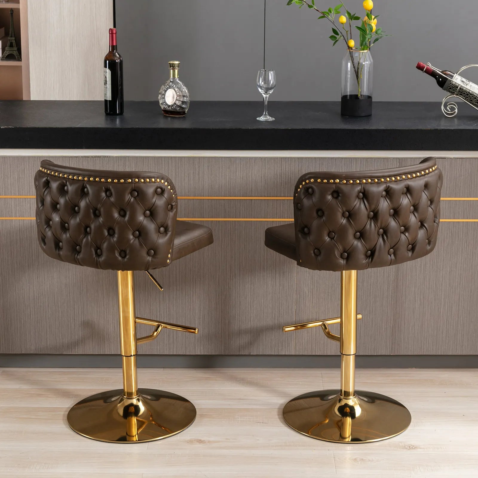 PU Leather Swivel Bar Stools – Adjustable Counter Chairs with Gold Nailheads (Set of 2)